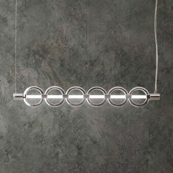 Distinguished Stillux Chain suspension lamp with geometric chrome metal rings and frosted pyrex glass tube in glossy finish