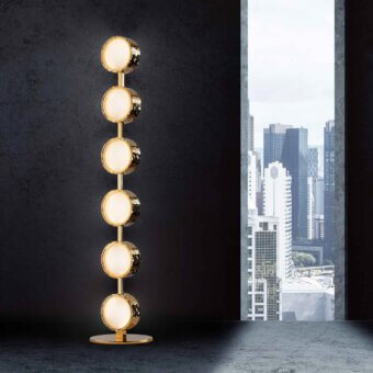 Exceptional Stillux Circle floor lamp with six circular matt white glass diffusers and gold-toned hammered metal framing