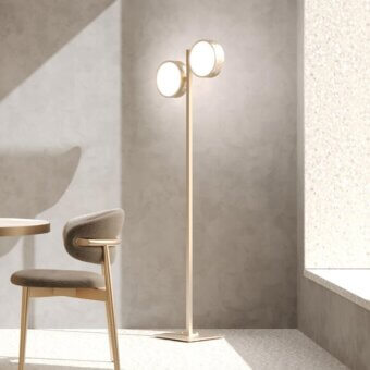 Distinguished Stillux Circle floor lamp with warm gold tone, hammered metal frame and stacked circular matt white glass diffusers crafted in Italy