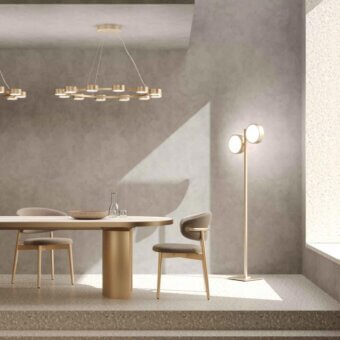 Superior Stillux Circle floor lamp with stacked matt white glass diffusers and refined hammered gold metal frame