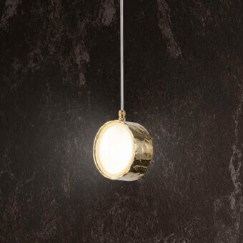 Captivating Stillux Circle suspension lamp with a circular hammered metal frame and matt white glass diffuser in gold finish