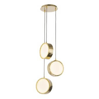 Elegant Stillux Circle suspension lamp with three circular matt white glass diffusers and hammered metal frames