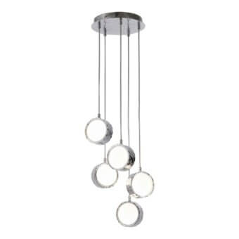 Distinguished Stillux Circle suspension lamp with five circular matt white glass diffusers and refined hammered metal frame in chrome finish