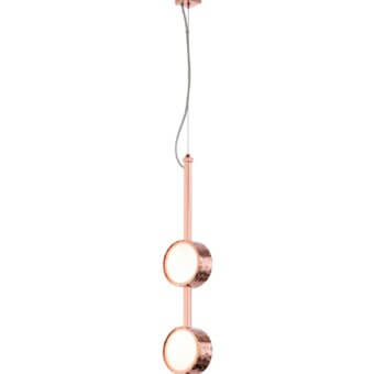 Elegant Stillux Circle suspension lamp with a light copper-toned hammered metal frame and matt white glass diffusers