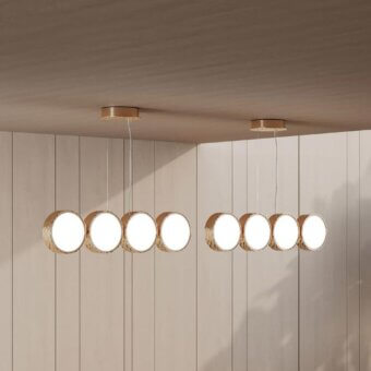 Lavish Stillux Circle suspension lamp with a hammered gold tone metal frame and circular matt white glass diffusers