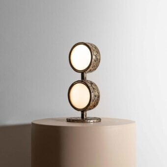 Superior Stillux Circle table lamp with round matt white glass diffusers and hammered metal in bronze or antique gold finish