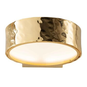 Stillux circle wall lamp, gold finish, hammered texture, with warm white light emitting from a recessed circular diffuser and square mounting plate.