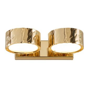 Stillux wall lamp, hammered gold finish, dual cylindrical shades on rectangular gold backplate, bright white light, modern design.