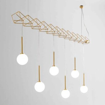 Elegant Stillux Flow suspension lamp with rectilinear golden metal frame and staggered matt white glass shades