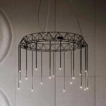 Distinguished Stillux Flow suspension lamp with a circular metal framework and dynamic downward extension in matte black finish