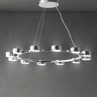 Distinguished Stillux Globe suspension lamp with twelve circular white glass diffusers and refined hammered metal frames in polished silver finish