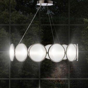 Elegant Stillux Globe suspension lamp with twelve circular white glass diffusers and a smooth silver-colored metal circle