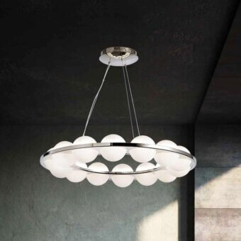 Exceptional Stillux Globe suspension lamp with fourteen matt white glass lampshades and polished metal circles