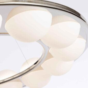 Elegant Stillux Globe suspension lamp with fourteen matt white glass lampshades and polished metal circles