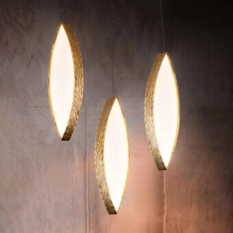 Distinguished Stillux Leaves suspension lamp with a gold tone hammered metal structure and smooth white glass diffuser