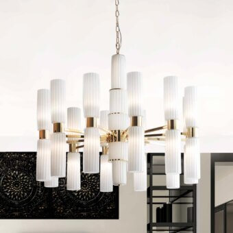 Distinguished Stillux Lighting Lab ceiling lamp with grooved white glass diffusers and gold-finished metal structure