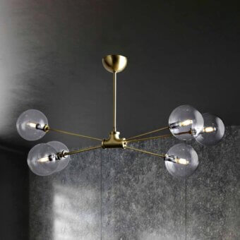 Elegant Stillux Lighting Lab ceiling lamp with a horizontal golden metal frame and clear glass globes crafted in Italy