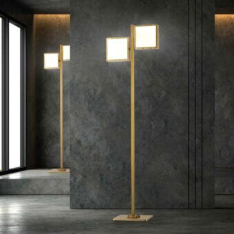 Distinguished Stillux Square floor lamp with a hammered gold metal frame and two square white glass diffusers