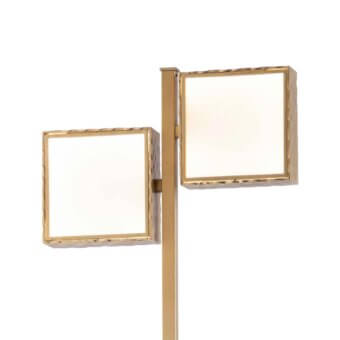 Stillux floor lamp, brass finish, square shades with hinged mounts and fluted opaque diffusers on a cylindrical stem, studio lighting.