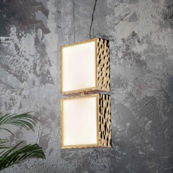 Superior Stillux Square suspension lamp with a hammered golden metal frame and square white glass diffusers crafted in Italy