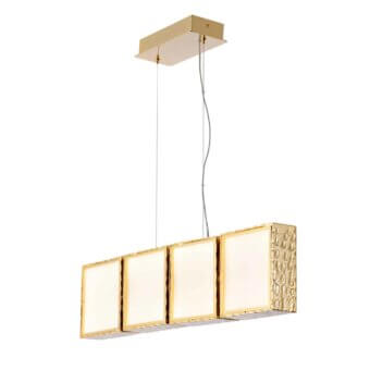Distinguished Stillux Square suspension lamp with white glass diffusers within hammered metal frames and gold-toned aesthetic