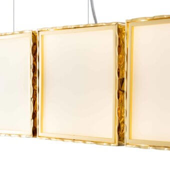 Superior Stillux Square suspension lamp with white glass diffusers encased in gold finished hammered metal frames