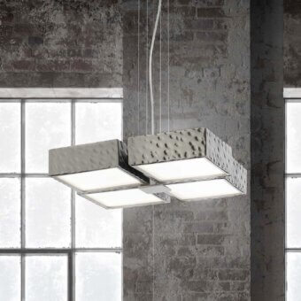 Harmonious Stillux Square suspension lamp with white glass diffusers framed in hammered metal exhibiting a contemporary industrial design
