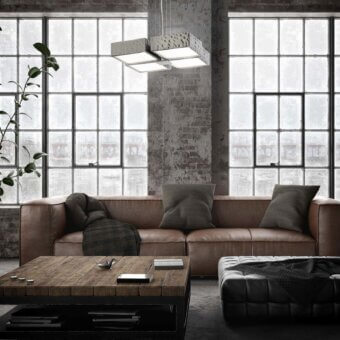 Elegant Stillux Square suspension lamp with white glass diffusers encased in hammered light gray metal frames
