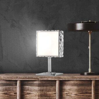Superior Stillux Square table lamp crafted in Italy with a hammered metal frame and white glass diffuser in chrome finish