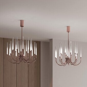 Elegant Stillux Line ceiling lamp with a copper metal structure and twenty curved arms supporting tubular frosted pyrex glass diffusers