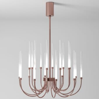 Exceptional Stillux Line ceiling lamp crafted with a polished rose gold metal structure and twenty curved arms holding frosted pyrex glass diffusers