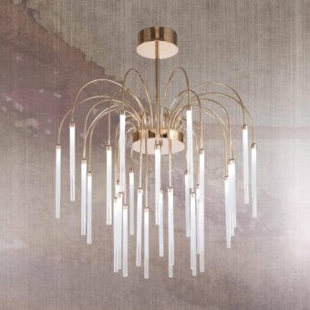 Exceptional Stillux Line ceiling lamp with a gold metal frame and thirty curved arms supporting frosted pyrex glass diffusers