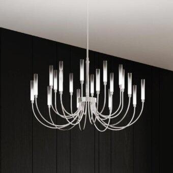 Exceptional Stillux Line ceiling lamp with twenty curved arms supporting tubular frosted pyrex glass diffusers in a light tone