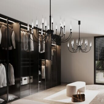 Elegant Stillux Line ceiling lamp with a central metal structure and twenty curved arms supporting frosted pyrex glass diffusers in a matte black finish