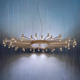 Superior Stillux Line Suspension Lamp lighting with a central metal structure and radiating arms in golden tone finish