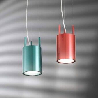 Elegant Stillux Shape suspension lamp with a cylindrical metal form and glossy teal finish complemented by red rod elements