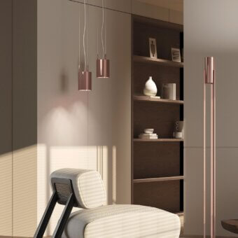 Distinguished Stillux Shape suspension lamp with a cylindrical metal structure and frosted glass diffuser in a copper metallic effect