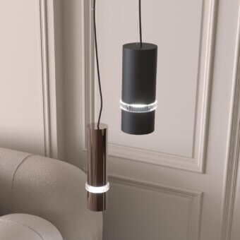 Elegant Stillux Shape Suspension Lamp with cylindrical metal pendant and transparent crystal lighting ring