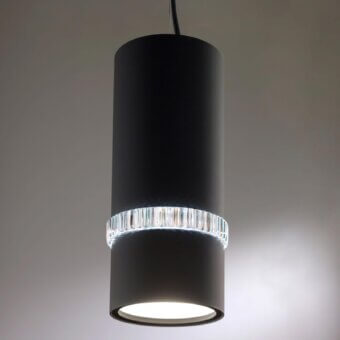 Elegant Stillux Shape Suspension Lamp with cylindrical metal pendant and transparent crystal lighting ring in matte finish