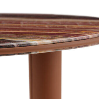 Lavish Turri Riban side table with rounded form and marble top encircled by refined leather piping