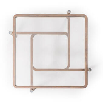 Distinguished Turri Vision coffee table with a transparent glass top and light-brown wooden legs with marble applications