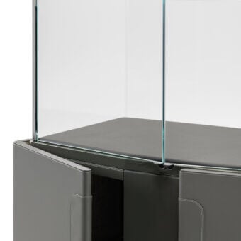 Captivating Turri Zenit cupboard with embracing gray leather doors and a light glass display case built with silver metallic accents