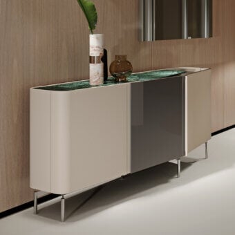 Captivating Turri Zenit sideboard with curved leather doors embracing a wood panel and green marble double top in light beige and gray matte finish