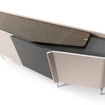 Superior Turri Zenit sideboard with curved beige leather doors, a central wood panel, and speckled brown top