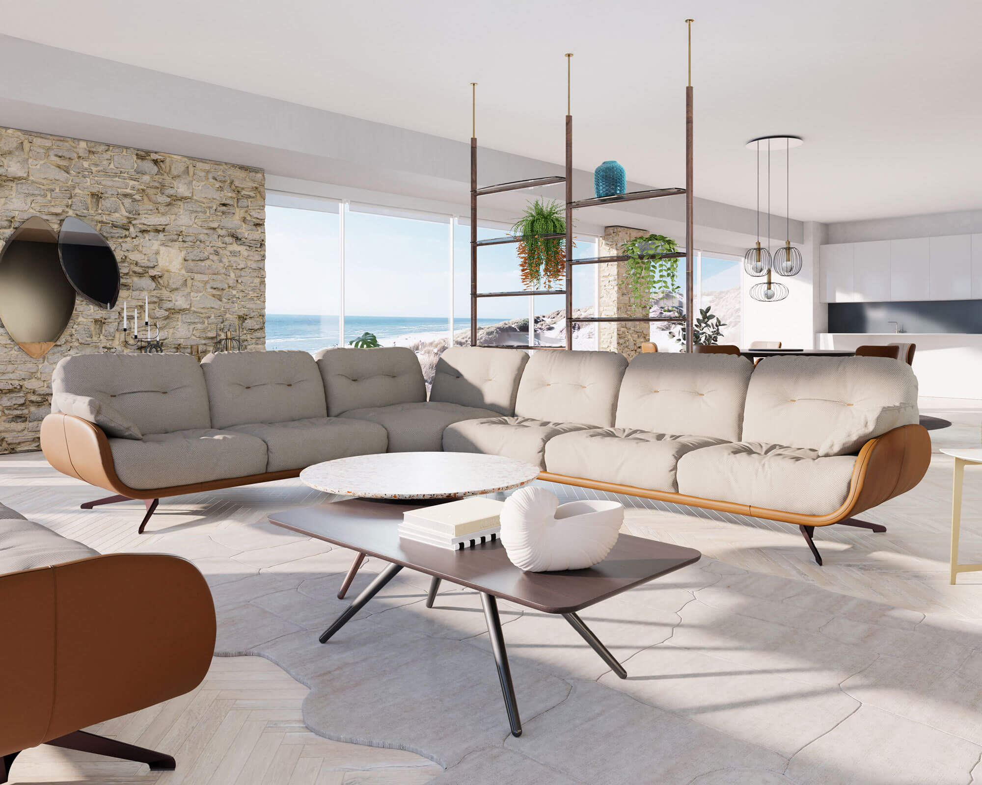 Beige modular sectional sofa with leather accents, marble coffee table, stone wall, metal lamps, beach view, herringbone wood floor.
