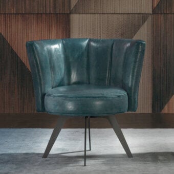 Distinctive Borzalino Diva lounge chair with teal leather upholstery and dark grey galvanized metal base