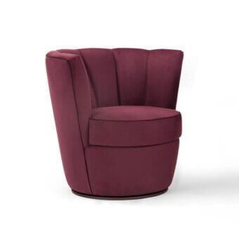 Exceptional Borzalino Diva XL lounge chair with burgundy textile upholstery and lacquered metal swivel base