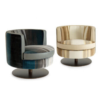 Borzalino lounge chairs, teal & beige striped fabric, rounded barrel shape with swivel dark bronze metal base.