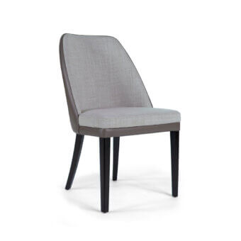 Exceptional Borzalino Julie chair with light gray textile upholstery, darker trim and glossy natural oak legs