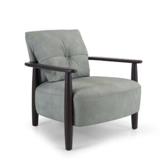 Refined Borzalino Lisa lounge chair with soft gray fabric upholstery and lacquered oak structure crafted in Italy